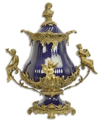 Casa Padrino Luxus Barock Porzellan Schüssel mit Deckel und 2 Messing Griffen