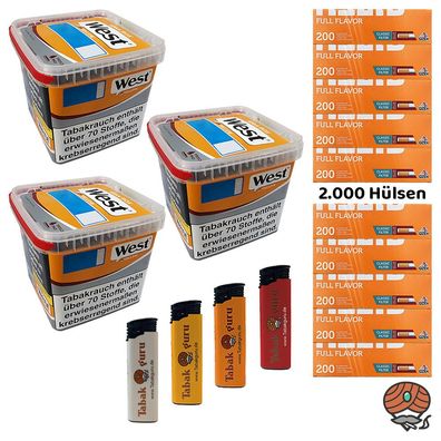 West Yellow Tabak/Stopftabak Box 3x 235g, Gizeh Full Flavor Hülsen, Feuerzeuge