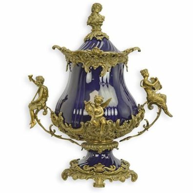 Casa Padrino Barock Porzellan Schüssel Dunkelblau / Messing H. 52 cm - Barock Deko