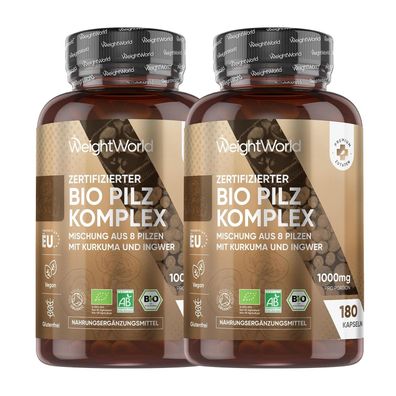 BIO Pilz Komplex mit 8 Pilzsorten - 180 Kapseln- 2 Flaschen - WeightWorld