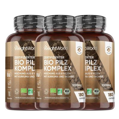 BIO Pilz Komplex mit 8 Pilzsorten - 180 Kapseln- 3 Flaschen - WeightWorld