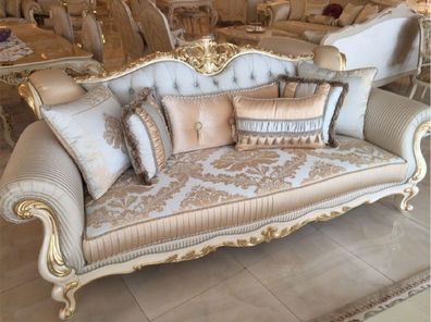 Casa Padrino Luxus Barock Sofa Hellblau / Weiß / Gold - Prunkvolles Wohnzimmer Sofa m
