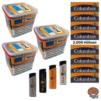 West Yellow Tabak/Stopftabak Box 3x 235g, 2000 Columbus Hülsen, Feuerzeuge
