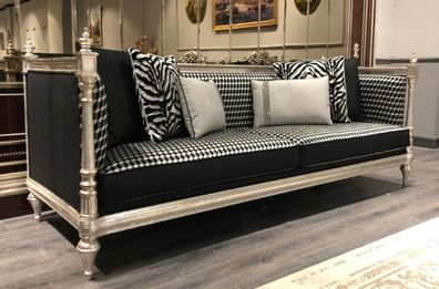 Casa Padrino Luxus Barock Sofa Schwarz / Silber / Antik Silber - Wohnzimmer Sofa mit