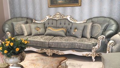 Casa Padrino Luxus Barock Sofa Grün / Weiß / Gold - Prunkvolles Wohnzimmer Sofa - Han
