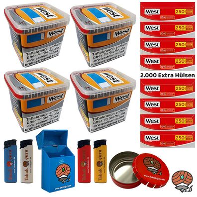 West Yellow Tabak/Stopftabak Box 4x 235g, 2000 Red Extra Hülsen, Ascher, Box