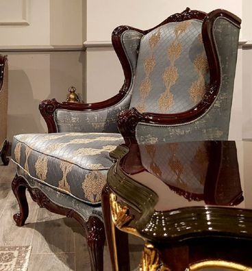 Casa Padrino Luxus Barock Ohrensessel Silber / Beige / Dunkelbraun - Prunkvoller Wohn