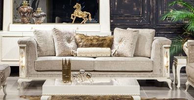 Casa Padrino Luxus Barock Sofa Hellgrau / Weiß / Gold - Beleuchtetes Wohnzimmer Sofa