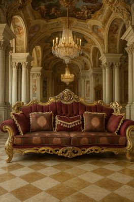 Casa Padrino Luxus Barock Sofa mit Kissen Weinrot / Gold 250 cm - Barock Möbel