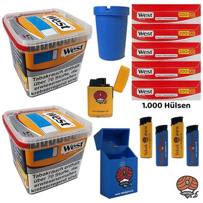 West Yellow Tabak/Stopftabak Box 2x 235g, 1000 West Red Hülsen, viel Zubehör