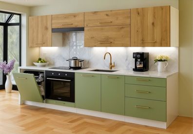 Küchenzeile Siena 260cm Gold Craft Eiche und Salbeigrün Matt- Küche 2,6m, Holzoptik