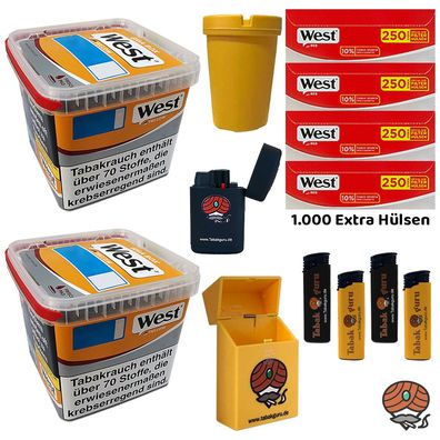 West Yellow Tabak/Stopftabak Box 2x 235g, 1000 West Extra Hülsen, viel Zubehör
