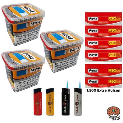 West Yellow Tabak/Stopftabak Box 3x 235g, 1500 Red Extra Hülsen, Feuerzeuge