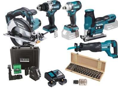 Makita Profiset 18V DDF489 DHS630 DJR186 DJV185 DTW300 2x 5Ah Linienlaser grün