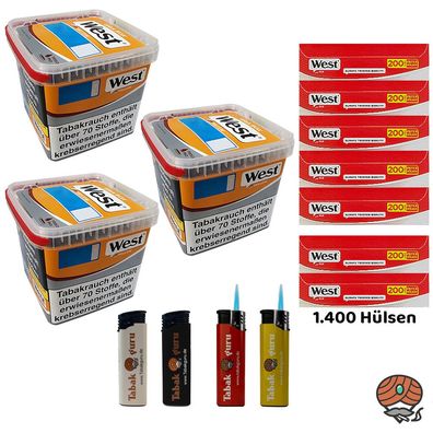 West Yellow Tabak/Stopftabak Box 3x 235g, 1400 West Hülsen, Feuerzeuge