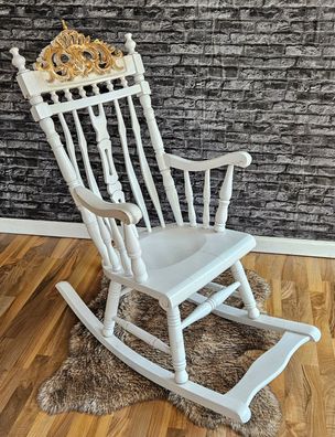 Schaukelstuhl Holz Schwingsessel Relaxstuhl weiß Gold Krone