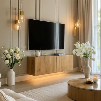 Lowboard PARIS 100 cm Gold Craft Eiche Matt - Soft Close TV-Schrank- LED optional