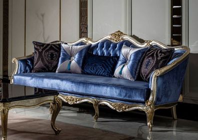 Casa Padrino Luxus Barock Sofa Blau / Silber / Gold - Handgefertigtes Wohnzimmer Sofa