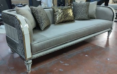 Casa Padrino Luxus Barock Sofa Silber / Weiß / Gold - Prunkvolles Wohnzimmer Sofa