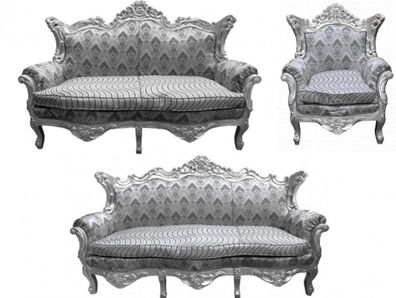 Casa Padrino Barock Wohnzimmer Set Grau Muster/Silber- 3er Sofa+2er Sofa + 1 Sessel