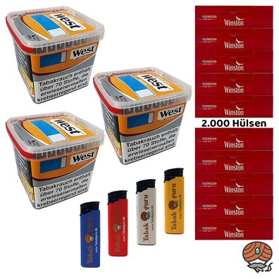 West Yellow Tabak / Stopftabak Box 3x 235g, 2000 Winston Hülsen, Feuerzeuge
