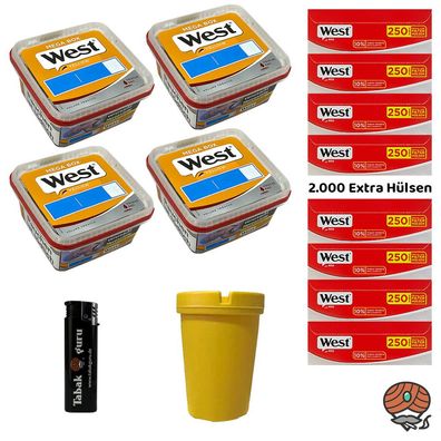 West Yellow Volumentabak Mega Box 4x 105g + 2000 Red Extra Hülsen, Feuerzeug