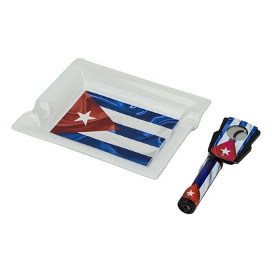 Zigarrenaschenbecher Set Cuba Flag mit Cutter und 3er Jet Feuerzeug unbefüllt