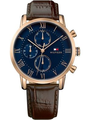 Tommy Hilfiger Kane Herren Quarz braun Lederband blaues Zifferblatt 44 mm Uhr 1791399