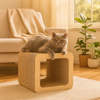 QLS Kratzmöbel 3in1 Katzen Wellpappe 37×30×30 cm Kratzbrett Liege Höhle Beige 11379