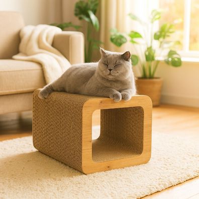 QLS Kratzmöbel 3in1 Katzen Wellpappe 37×30×30 cm Kratzbrett Liege Höhle Eiche 11380