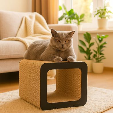 QLS Kratzmöbel 3in1 Katzen Wellpappe 37×30×30 cm Kratzbrett Liege Höhle Schwarz 11381