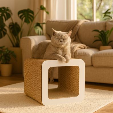 QLS Kratzmöbel 3in1 Katzen Wellpappe 37×30×30 cm Kratzbrett Liege Höhle Weiß 11382