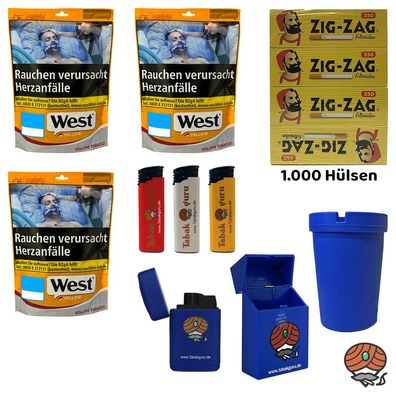 West Yellow Volumentabak Beutel 4x 90g, 1000 Zig-Zag Hülsen, Zubehör