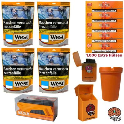 West Yellow Volumentabak Beutel 4x 90g, Pall Mall Xtra Hülsen, Stopfer, Zubehör