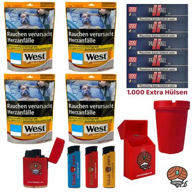 West Yellow Volumentabak Beutel 4x 90g, Pall Mall Red Xtra Hülsen, Zubehör