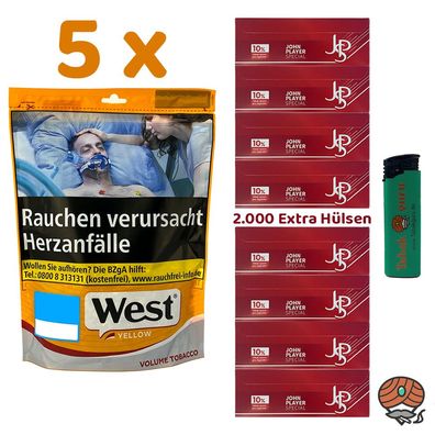 West Yellow Volumentabak Beutel 5x 90g, 2000 JPS Extra Hülsen, Feuerzeug