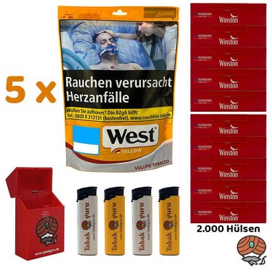 West Yellow Volumentabak Beutel 5x 90g, 2000 Winston Hülsen, Zubehör