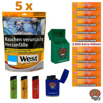 West Yellow Volumentabak Beutel 5x 90g, Pall Mall Xtra Hülsen, Zubehör