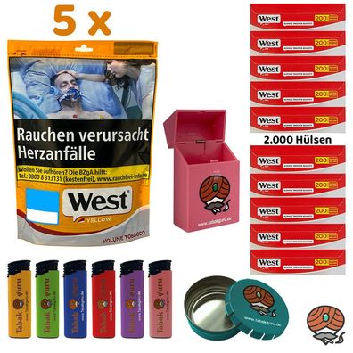 West Yellow Volumentabak Beutel 5x 90g, 2000 West Red Hülsen, Zubehör