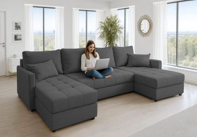 AX LIVING Ecksofas groß Dolceo 287 cm - Sofa dunkelgrau mit Schlaffunktion & Struktur