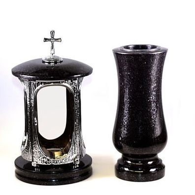 Grab-lampe Vase und Grablaterne Grableuchte Granit schwarz