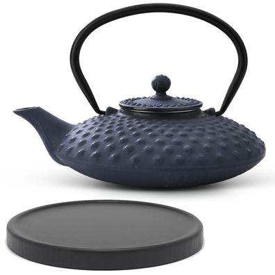Bredemeijer Teekanne Set 0,8 L blau Gusseisen mit Teefilter & Holz-Untersetzer