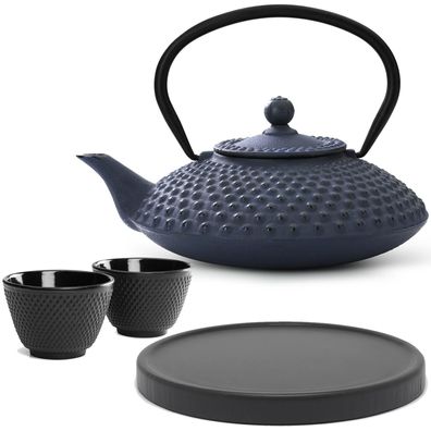 Bredemeijer Teekanne Gusseisen 1,25 L blau Set 2 Becher Teefilter Untersetzer