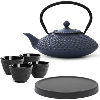 Bredemeijer Teekanne Gusseisen 1,25 L blau Set 4 Becher Teefilter Untersetzer