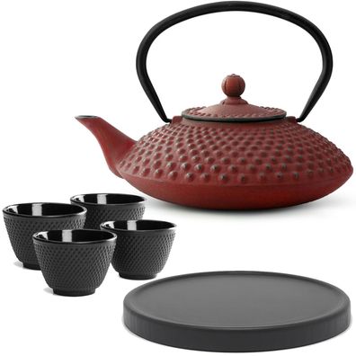 Bredemeijer Teekanne Gusseisen 1,25 L rot Set 4 Becher Teefilter Untersetzer