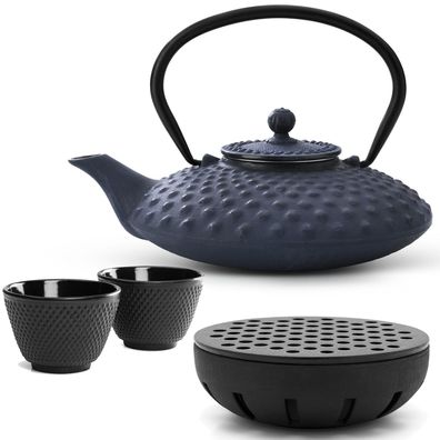 Bredemeijer Teekanne Gusseisen 0,8 L blau Set Teewärmer 2 Becher Edelstahlfilter