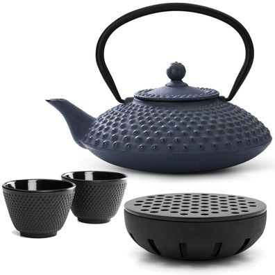 Bredemeijer Teekanne Gusseisen 1,25 L blau Set Teewärmer 2 Becher Edelstahl-Sieb