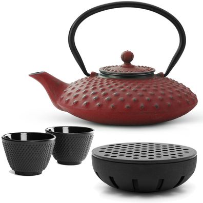 Bredemeijer Teekanne Gusseisen 0,8 L rot Set Teewärmer 2 Becher Edelstahlfilter