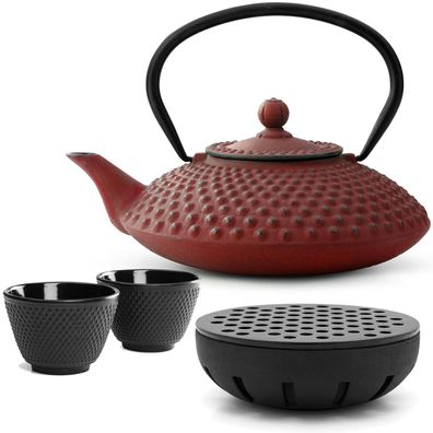 Bredemeijer Teekanne Gusseisen 1,25 L rot Set Teewärmer 2 Becher Edelstahlfilter