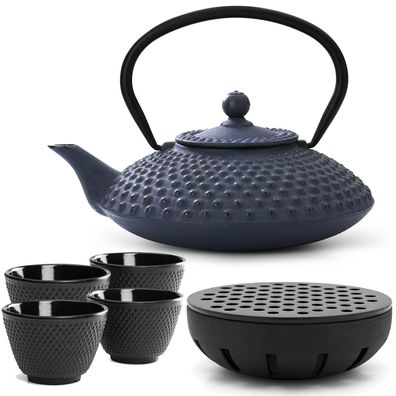 Bredemeijer Teekanne Gusseisen 1,25 L blau Set Teewärmer Becher Edelstahlfilter